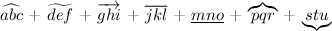 LaTeX
$\widehat{abc}$
+ $\widetilde{def}$
+ $\overrightarrow{ghi}$
+ $\overline{jkl}$
+ $\underline{mno}$
+ $\overbrace{pqr}$
+ $\underbrace{stu}$