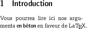 
\documentclass[12pt]{extarticle}
  \usepackage[T1]{fontenc}
  \usepackage[width=6cm]{geometry}
  \usepackage{beton}
  \DeclareFontSeriesDefault[rm]{bf}{sbc}
  \pagestyle{empty}

\begin{document}

\section{Introduction}
Vous pourrez lire ici nos arguments \textbf{en béton}
en faveur de La\TeX{}.

\end{document}
