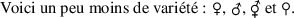 LaTeX 
\documentclass{article}
\usepackage{stix}
\pagestyle{empty}
\begin{document}
Voici un peu moins de variété : $\female$, $\male$, $\Hermaphrodite$ et $\neuter$.
\end{document}